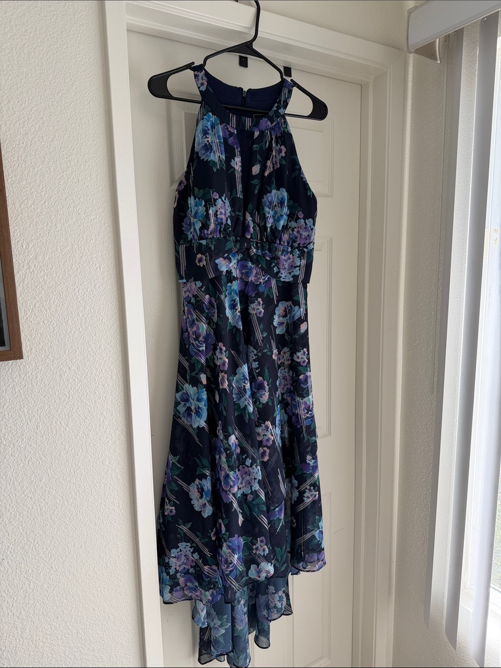 Sleeveless Navy Floral High-Low Dress with Ruffle Hem